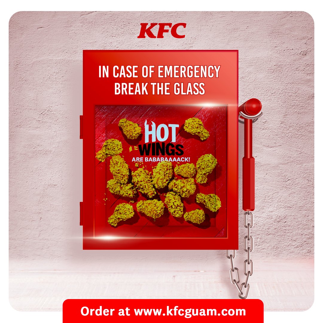 KFC_Guam's tweet photo. In case of a flavor emergency, break the glass and grab some KFC Hot Wings! 🔥🍗 The perfect crispy, spicy rescue for all your cravings. 🚨

#KFCGuam
#KFCHotWings https://t.co/85bTkH0NoV
