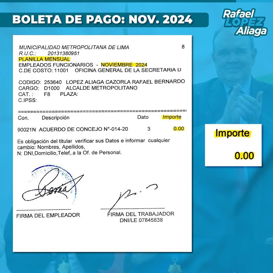 el_analista2020's tweet photo. La boleta de pago del alcalde Rafael López Aliaga. 
“Hace obra y no cobra”. 
Lo mejor que le pudo pasar a Lima: Tener un líder que entra a la política a servir al pueblo, con gran vocación social y amor por el prójimo. 
Gracias, Rafael. 
Nos demuestras que aún hay esperanzas. https://t.co/w6vs9HadEQ