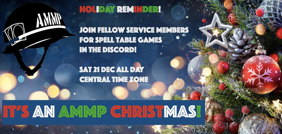 Don’t forget about the AMMP Christmas Event 21 DEC CST!

1. Discord: discord.gg/xTc2Jt8C

2. Signup: tinyurl.com/AMMP-Christmas

3. Instructions here: tinyurl.com/AMMP-Event-Det…

4. AMMP admins may stream on Twitch!

Happy Holidays all, stay safe, and don’t enjoy Christmas alone!