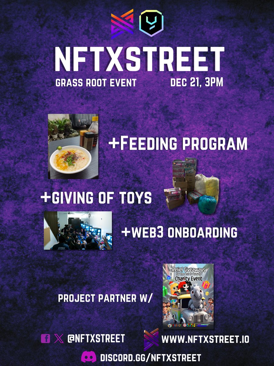 We are inviting you to our <a href="/YieldGuild/">Yield Guild Games</a> GRASS Root event for <a href="/NftxStreet/">NFTXStreet</a> community this afternoon! Partnered with <a href="/AlexOnSolana/">ALEX THE PARROT</a>  🚀

FREE FOOD 🧑‍🍳
FREE TOYS 🧸
FREE ONBOARDING! 🎮
