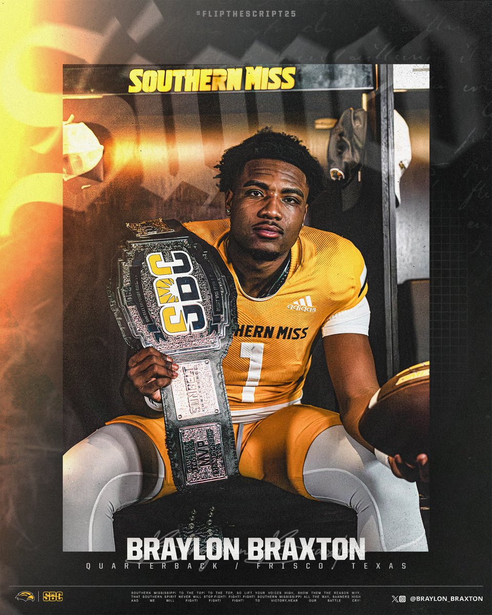 Southern Miss Football (@southernmissfb) on Twitter photo MVP ➡️ Hattiesburg
Braylon Braxton is officially a Golden Eagle 🤫
<a href="/braylon_braxton/">Braylon Braxton</a> | #ANewEra MVP ➡️ Hattiesburg
Braylon Braxton is officially a Golden Eagle 🤫
<a href="/braylon_braxton/">Braylon Braxton</a> | #ANewEra