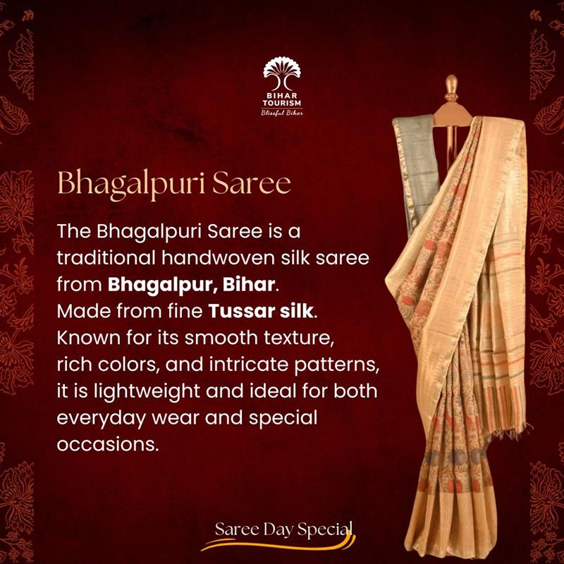 TourismBiharGov's tweet photo. Celebrate World Saree Day with the timeless elegance of Bihar’s finest weaves—Bhagalpuri Silk, Bawan Buti, and Madhubani Sarees. Wrap yourself in tradition, style, and heritage!

#sareeday #sareeday❤ #worldsareeday #sari #sariday #traditionalsaree #bawanbuti #madhubanisaree #madhubani #silksarees #silksari #bhagalpurisilk #bhagalpurisilksarees #bhagalpuri #bihartourism #indianattire #indiandresses #indianoutfit #ootd #ootdfashion 

@tourismgoi @mishranitish @incredibleindia @IPRDBihar