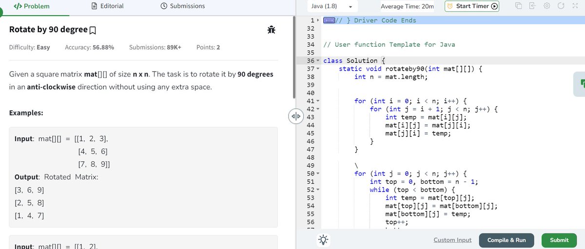 Harsh_Codes_369's tweet image. Problem 37/160: Rotate a square matrix 🌀 90° anti-clockwise ⏪ in-place! Master the trick of transposing & reversing columns with zero extra space. Complexity: O(n²).
#geekstreak2024 #gfg160 @geeksforgeeks #MatrixRotation #DSA #CodingChallenge