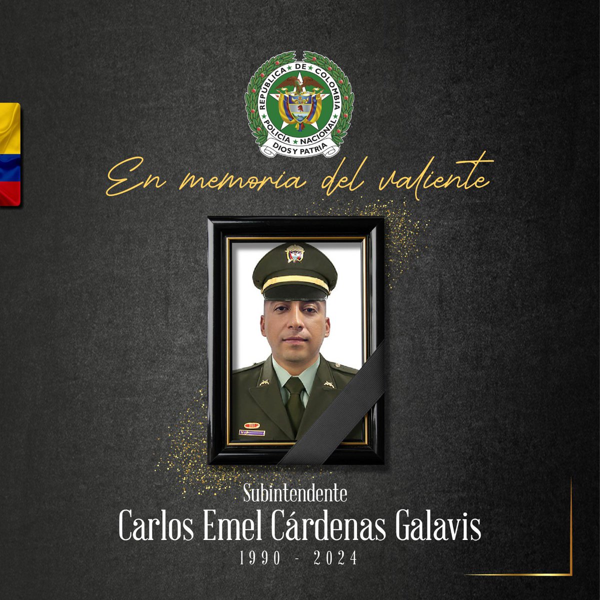 PoliciaColombia's tweet photo. ¡Luto institucional! Condenamos el criminal atentado con artefacto explosivo en El Zulia (Norte de Santander) que segó la vida de nuestro subintendente Carlos Emel Cárdenas Galavis y dejó heridos a los señores patrulleros José Ariel López Sepúlveda y Fabián Alexis Soto Quintero. Toda nuestra solidaridad con sus respetadas familias, con el compromiso institucional de dar con el paradero de quienes perpetraron el hecho y llevarlos ante la justicia.