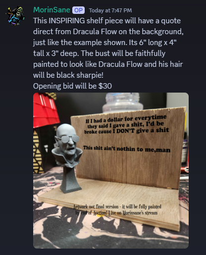 A few examples of some really cool stuff up for auction in my discord server right now! 

All profits go towards paying for my physical therapy after surgery!