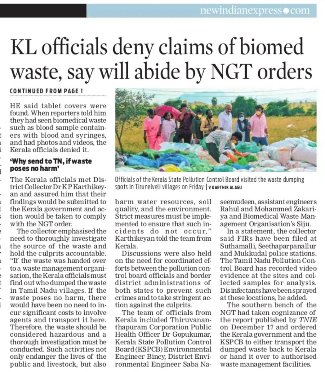 thinak_'s tweet photo. A day after the NGT directed the Kerala government to remove biomedical waste dumped in Tirunelveli villages, the district administration revealed that waste from the neighbouring state had been dumped in two more villages -- Sivaniyarkulam and Vadakku Ariyanayagipuram. TNIE visited Sivaniyarkulam and spotted blood sample containers with blood, used PPE kits, gloves, plastic covers of surgical items, urinary bags wrapped in the bag of Thiruvananthapuram Regional Cancer Centre. “If the waste was handed over to a waste management organisation, the Kerala officials must find out who dumped the waste in TN villages. If the waste poses no harm, there would have been no need to incur significant costs to transport it here,” Karthikeyan told Kerala officials who inspected dump. Speaking to reporters, an official from Kerala said he had not seen any dangerous biomedical waste. He said tablet covers were found.
When reporters told him they had seen biomedical waste and had photos, officials denied it.
#KeralaWaste

https://t.co/8nEhtt3u1d