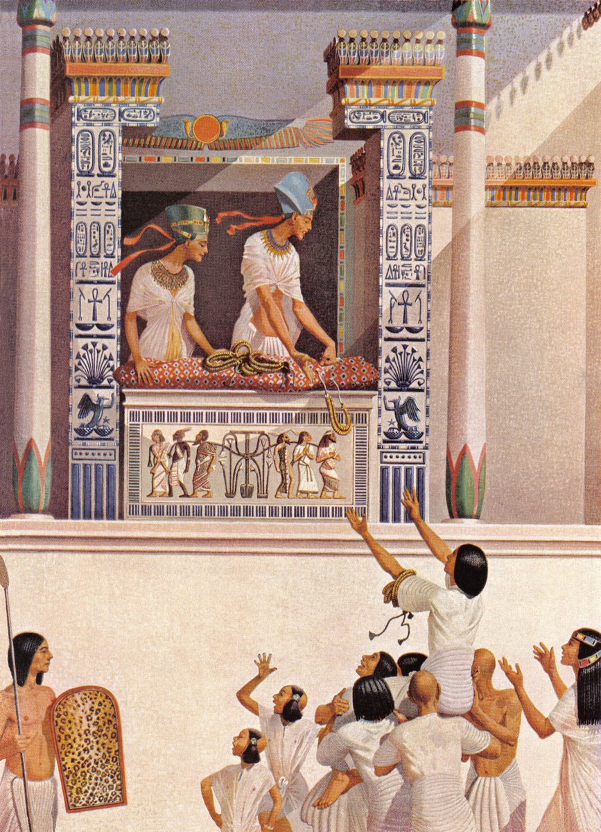 egyptomuseum's tweet photo. King Akhenaten and Nefertiti bestow honours at the Window of Appearances.

Artwork by Herbert M. Herget (1885-1950), for the National Geographic; "Life, Culture, and History of the Ancient Egyptians", 1941.