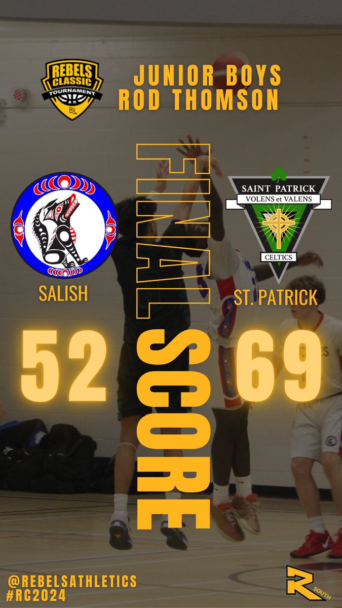 RebelsAthletics's tweet photo. Junior Boys - Game 32

@stpatsceltics 69
@SalishSecondary 52

⭐️POG⭐️
St. Patrick - Christian Balubar

📺https://t.co/znBwLd342J

#RT2024 | #RebelsClassic🖤💛🏀 https://t.co/vMEDDreKnr