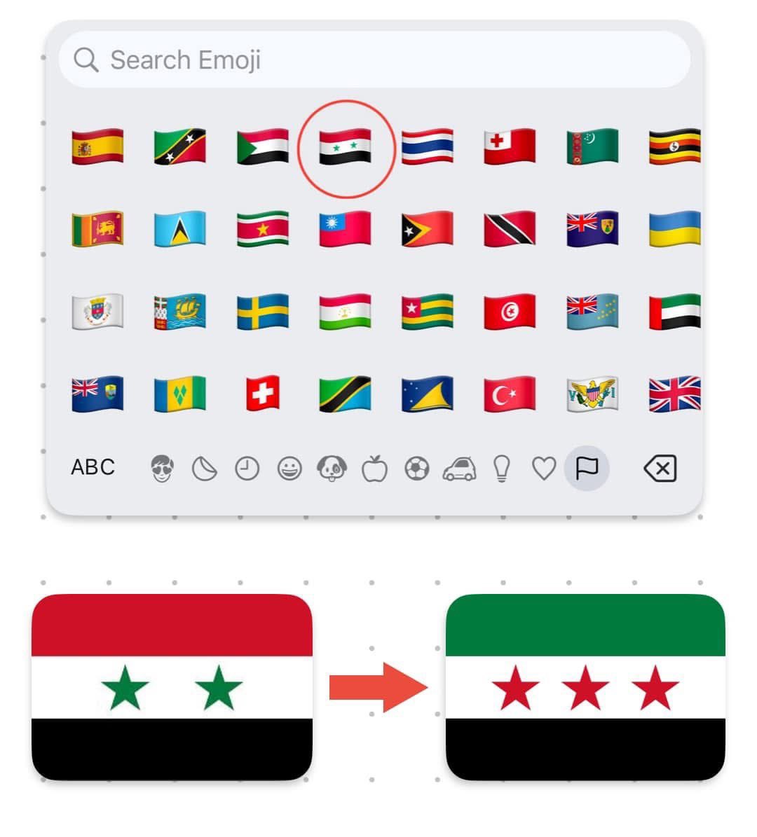 Obayda_ak's tweet photo. Dear @Google  @Apple 
The Syrian flag emoji needs to be updated to reflect the current official flag of Syria. Here's the correct version👇
Thank you for addressing this important update. #SyriaFlag #EmojiUpdate #تغير_العلم_السوري
💚🤍🖤 https://t.co/QbT2dbCe12