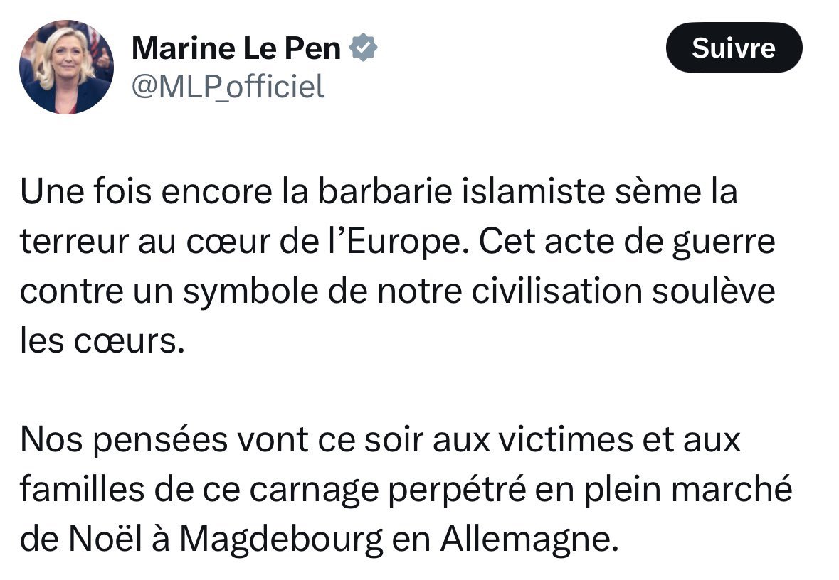 mbompard's tweet image. Les dirigeants d’extrême-droite se sont jetés comme des vautours sur l’attaque de Magdebourg pour déverser leur haine anti-musulmans.

On apprend que l’auteur présumé de l’attaque est un partisan de leurs idées, soutien du parti AFD.

N’oubliez jamais que l’extrême-droite tue.