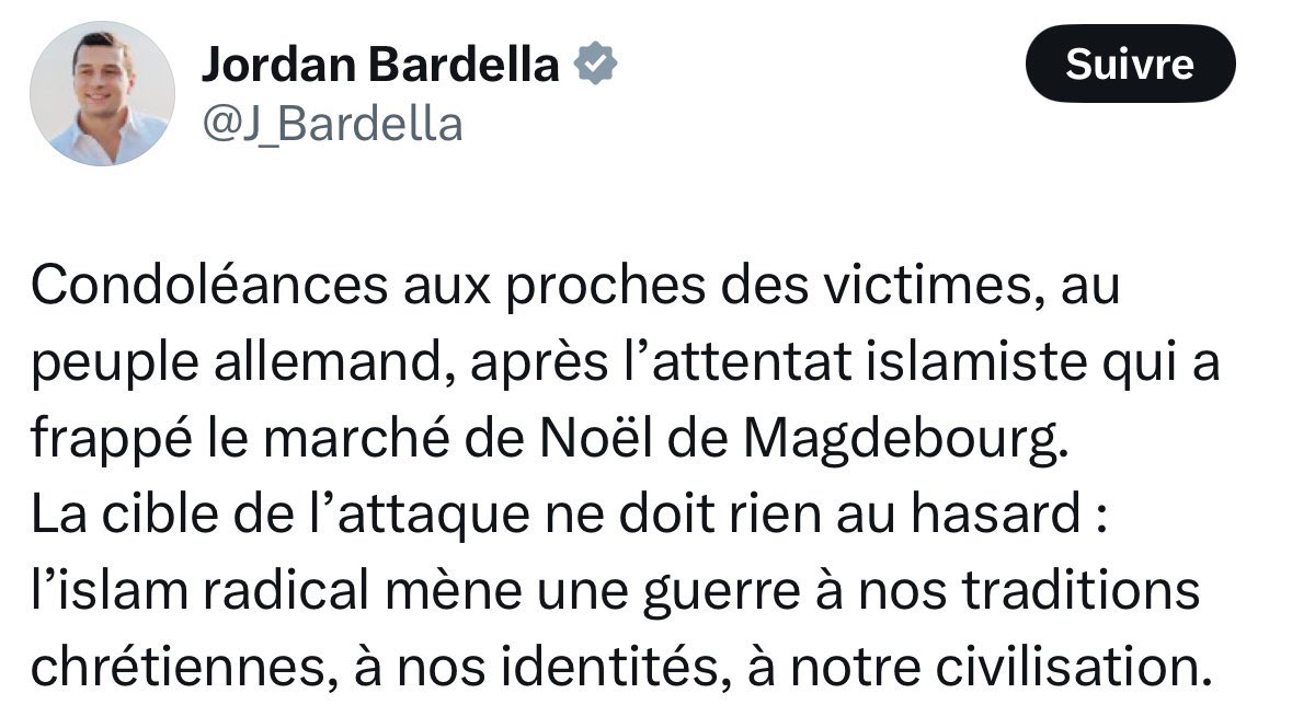 mbompard's tweet image. Les dirigeants d’extrême-droite se sont jetés comme des vautours sur l’attaque de Magdebourg pour déverser leur haine anti-musulmans.

On apprend que l’auteur présumé de l’attaque est un partisan de leurs idées, soutien du parti AFD.

N’oubliez jamais que l’extrême-droite tue.