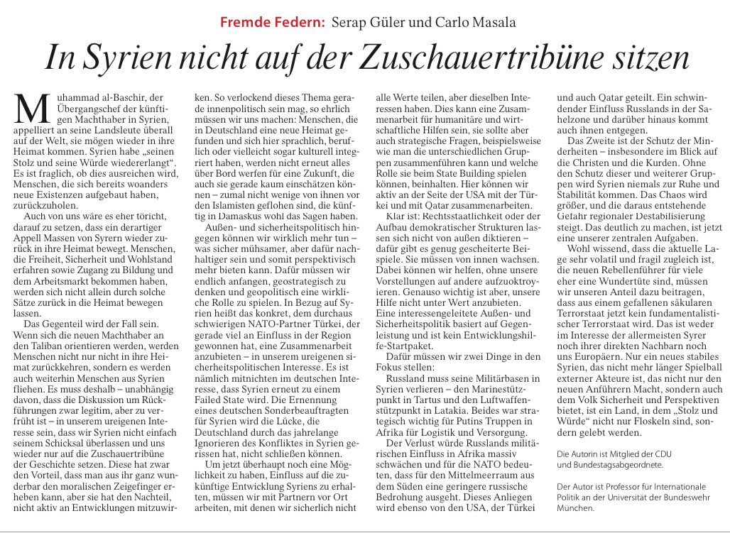 Ohne Stabilität &amp; internationale Zusammenarbeit wird es in #Syrien keine Perspektive für die Menschen vor Ort geben. Warum Deutschland hier Verantwortung übernehmen sollte, schreibe mit <a href="/CarloMasala1/">Carlo "Realism, Gedankenfetzen and Rants" Masala</a> heute in der FAZ 👇🏽