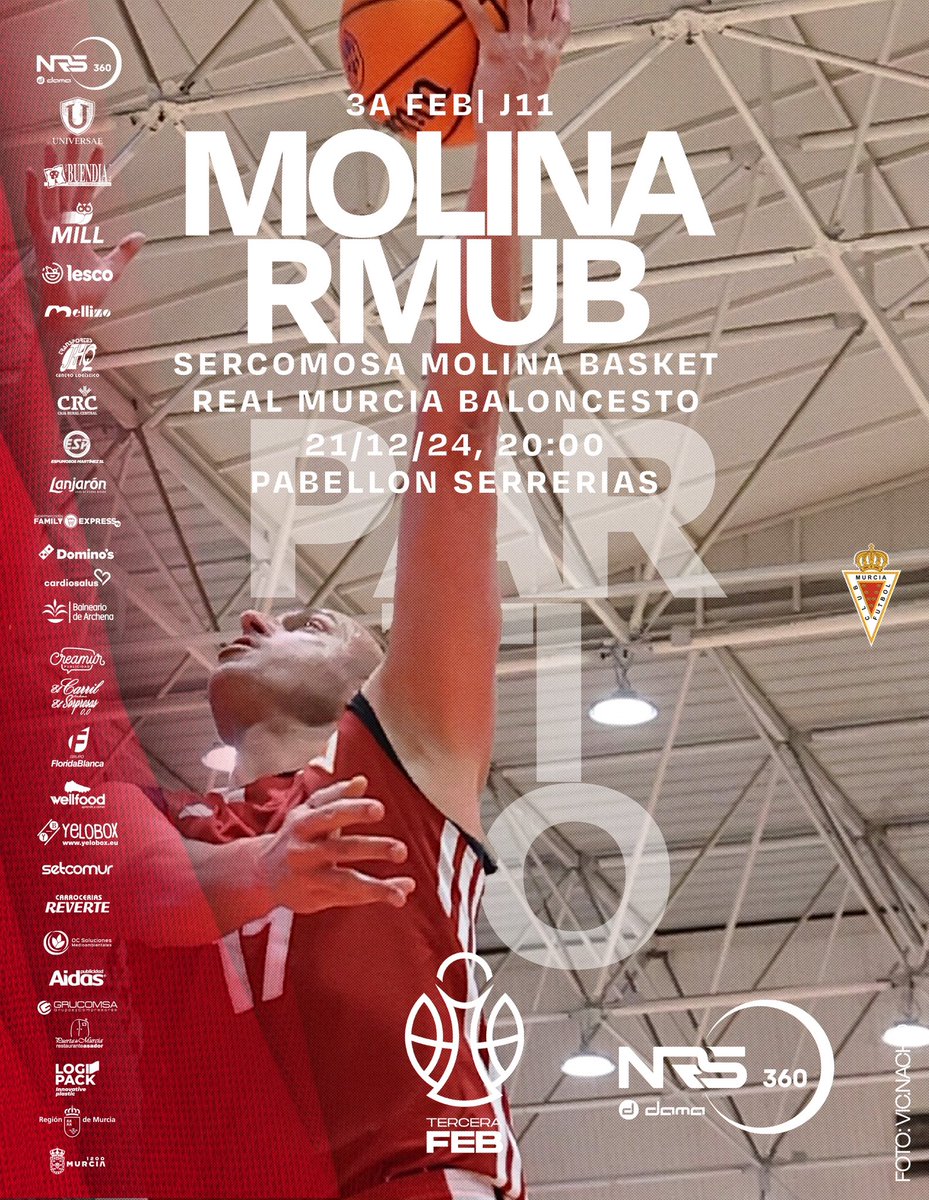 #J11 | @tercerafeb MASCULINO
SERCOMOSA MOLINA BASKET
REAL MURCIA BALONCESTO
SÁBADO 21/12/2024 20:00
PABELLON SERRERIAS

Foto @vic.nacho