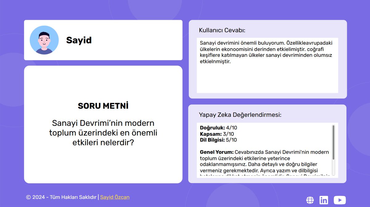 Storyline 360 ve ChatGPT entegrasyonu ile gerçekleştirmiş olduğum son projemi tanıtmak istiyorum. 

Kullanıcıdan almış olduğum açık uçlu cevabın değerlendirmesini yaparak kullanıcıya belli bir puan ve geri bildirim verebiliyor. İnceleyebilirsiniz.

Demo: ozcansayid.github.io/portfolio/chat…
