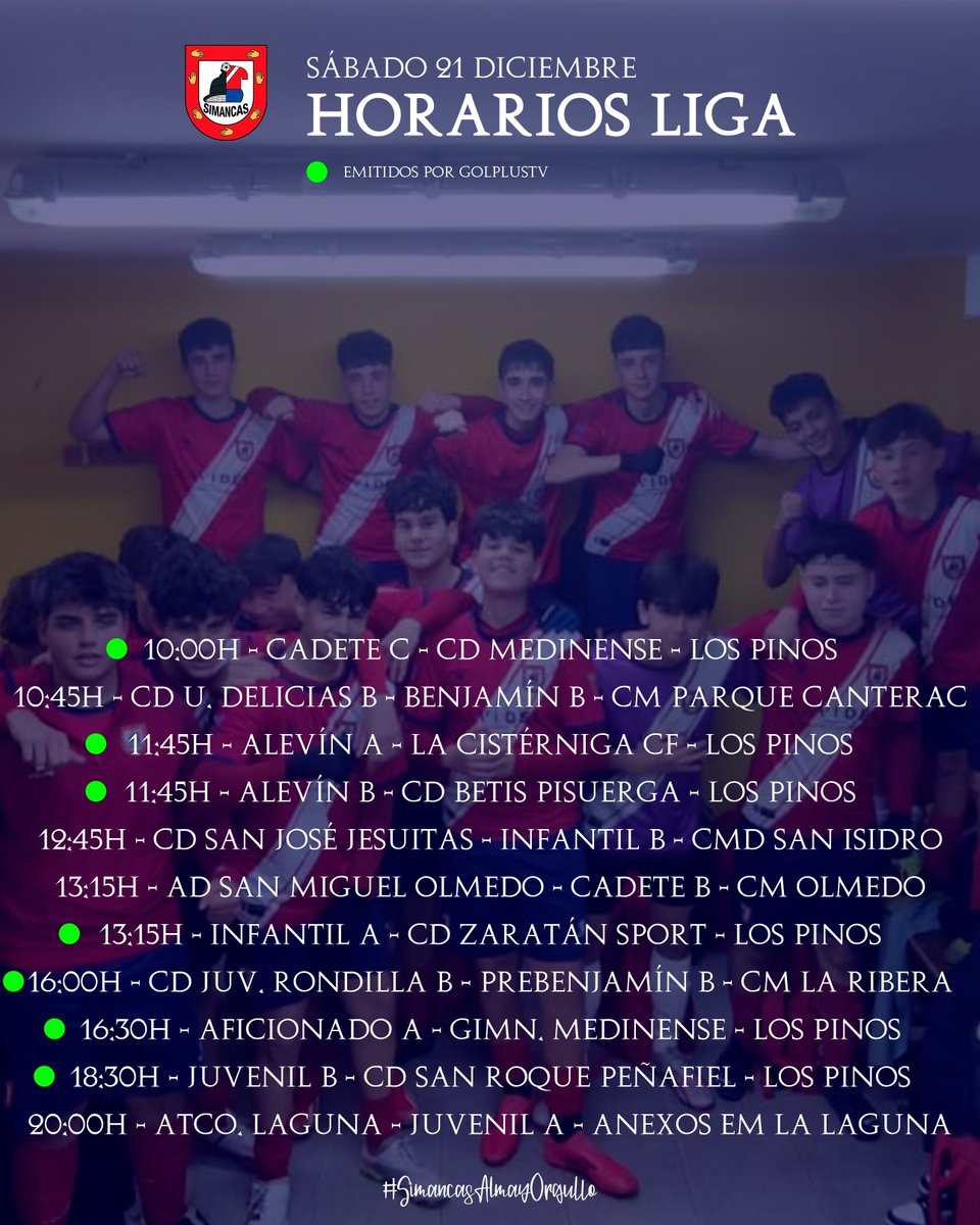 CD Villa de Simancas (@villadesimancas) on Twitter photo ¡Buenos días!
Último sábado de competición del año para once de nuestros equipos. Consulta los horarios de los partidos del día aquí 👇🏼
Seis de ellos podrán disfrutarse, en directo y en diferido, a través de <a href="/golplustv/">GOLPLUS TV</a> 💻
#SimancasAlmayOrgullo ¡Buenos días!
Último sábado de competición del año para once de nuestros equipos. Consulta los horarios de los partidos del día aquí 👇🏼
Seis de ellos podrán disfrutarse, en directo y en diferido, a través de <a href="/golplustv/">GOLPLUS TV</a> 💻
#SimancasAlmayOrgullo