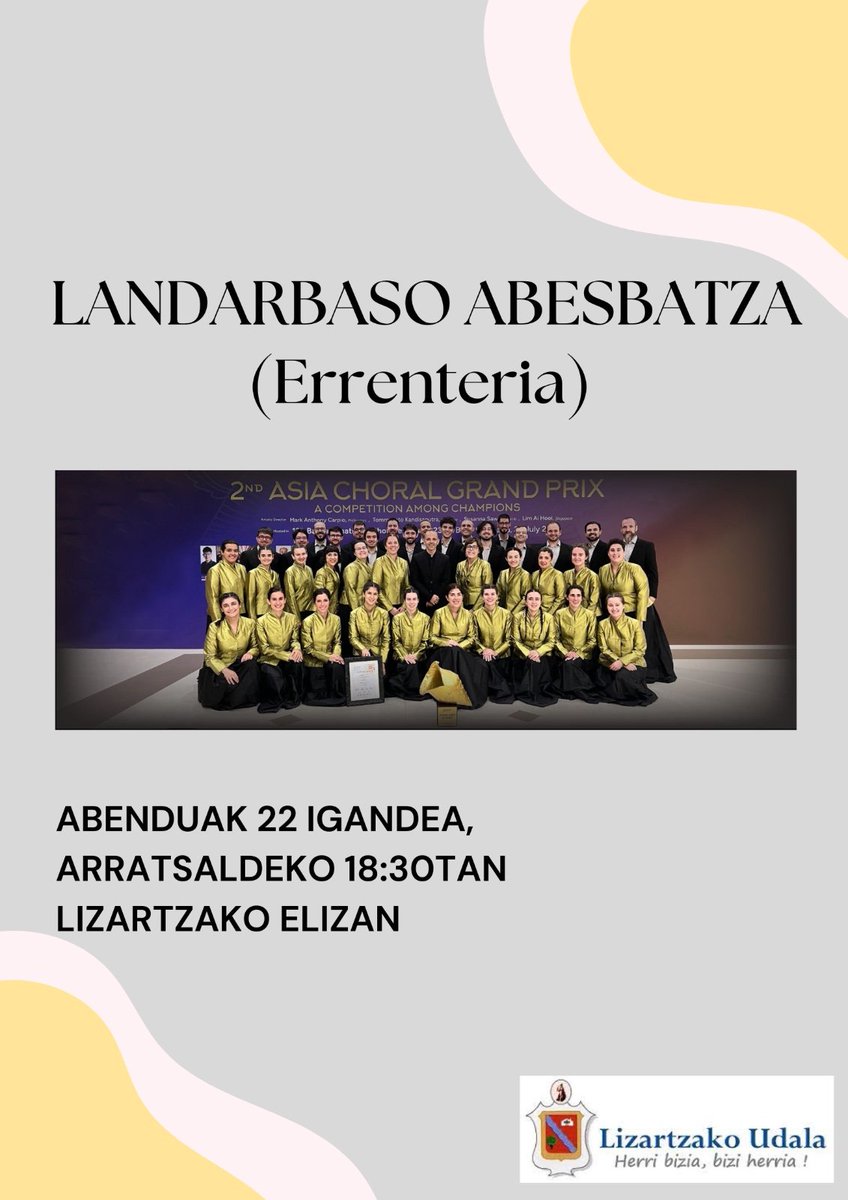 Bihar igandea, Errenteriako LANDARBASO ABESBATZAREN kontzertua izango dugu Lizartzan.

Abesbatza 1991. urtean sortu zen eta Iñaki Tolaretxipik zuzentzen du taldearen sorreratik.

Animatu !