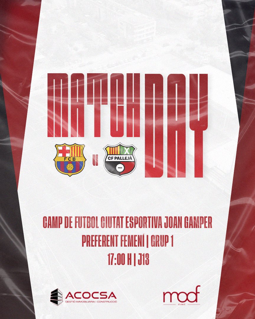 DIA DE PARTIT | PRIMER EQUIP FEMENÍ 🆚 <a href="/FCBarcelona_es/">FC Barcelona</a> ⚽️

🫱🏻‍🫲🏼 PREFERENT FEMENÍ | JORNADA 13
🏟 CAMP DE FUTBOL CIUTAT ESPORTIVA JOAN GAMPER
⏰ 17:00 h