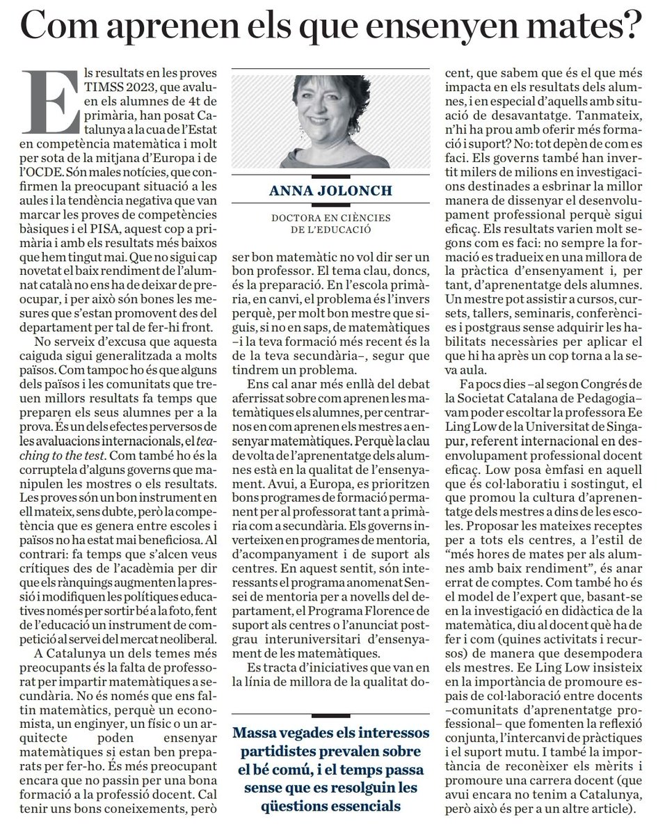 J_Montsalvatge's tweet photo. "Cal tenir uns bons coneixements, però ser bon matemàtic no vol dir ser un bon professor", totalment d'acord amb l'@AnnaJolonch  a l'@ARAopinio,  igual que ser bon biòleg o bon historiador no et converteix en bon professor, i el màster de secundària no resolt aquest problema. https://t.co/EWySSTmlGz