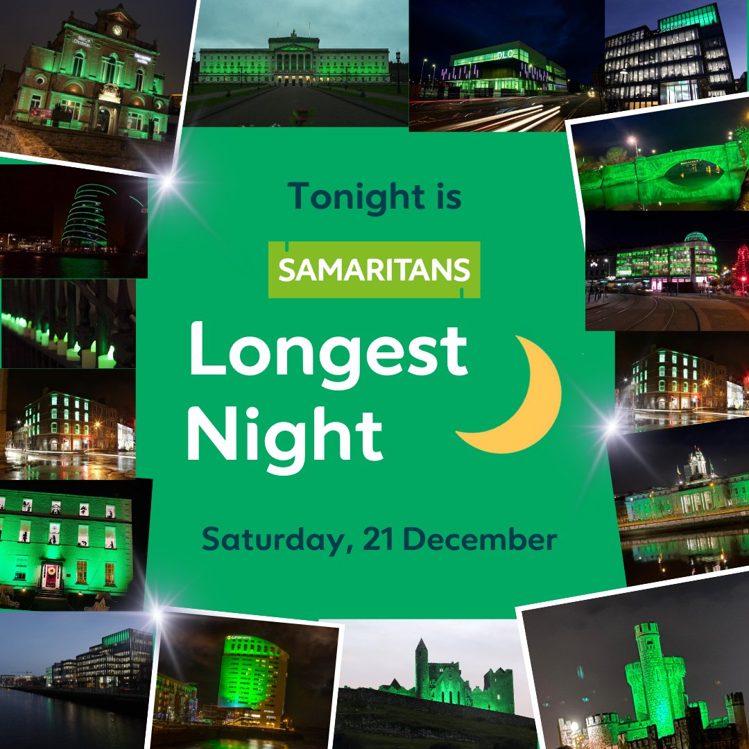💚💡✨TONIGHT IS SAMARITANS’ LONGEST NIGHT 💚💡✨

Buildings around Ireland &amp; Northern Ireland are lighting up green tonight to raise awareness of Samaritans

Every illuminated building is a reminder that we’re here 24/7 over the festive period

📱 116 123 #SamaritansLongestNight
