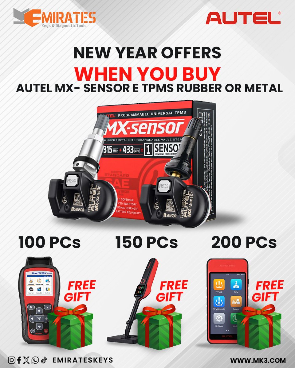 🥁❗️ Autel E TPMS Sensors New Year Offer ❗️🥁

 With 100 Get Free Autel MaxiTPMS TS508WF Device

With 150 Get Free MaxiTPMS TBE200 Tire Control Device

With 200 Get Free MaxiTPMS ITS600 Wireless Android Tablet
 mk3.com/tpms-service👈