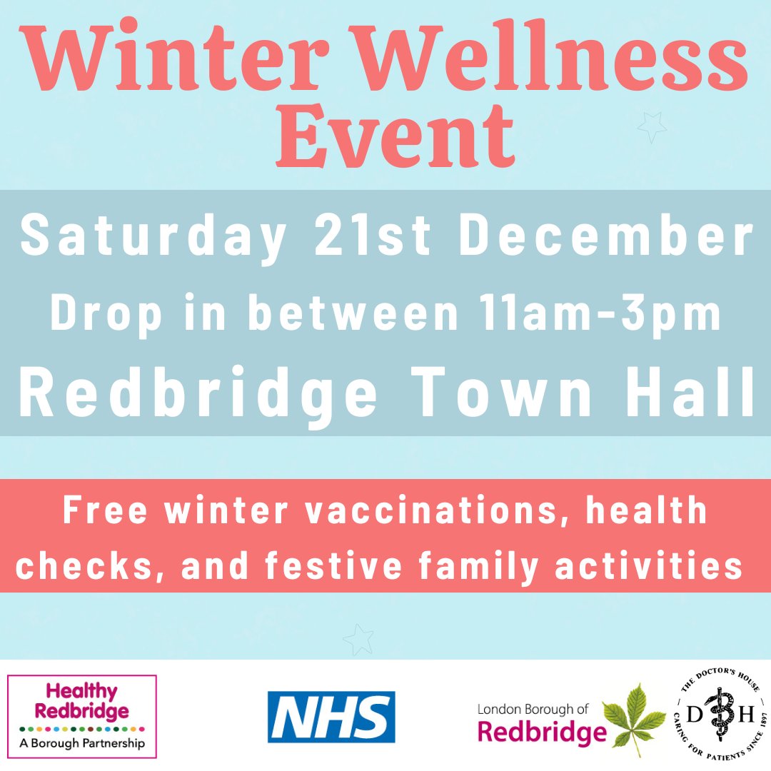 Come along to our festive winter wellness event at Redbridge Town Hall from 11am-3pm today.

-Free COVID and Flu vaccinations available for adults &amp; children aged 6 months-17 years.
-Free full body health check, including BMI, blood pressure, cholesterol &amp; blood sugar levels
