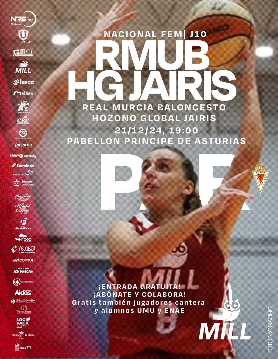 #J10 | NACIONAL FEMENINO
REAL MURCIA BALONCESTO
HOZONO GLOBAL JAIRIS
Sábado 21/12/24, 19:00
PABELLON PRINCIPE DE ASTURIAS

Foto @vic.nacho