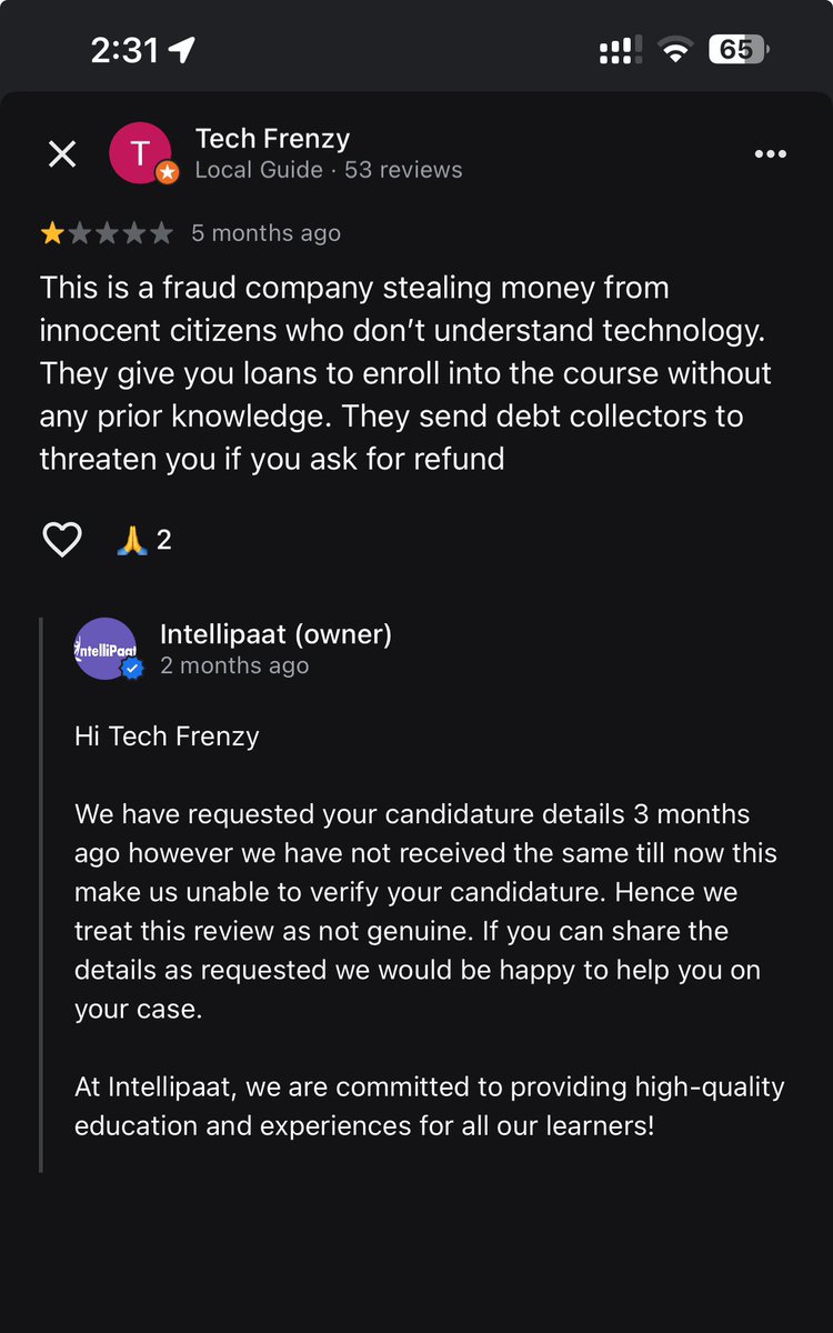 nostradamus1x's tweet image. #intellipaatscam #scamsinindia

This is a fraud company stealing money from innocent citizens who don’t understand technology. They give you loans to enroll into the course promising jobs without any prior knowledge. They send debt collectors to threaten you if you ask for refund
