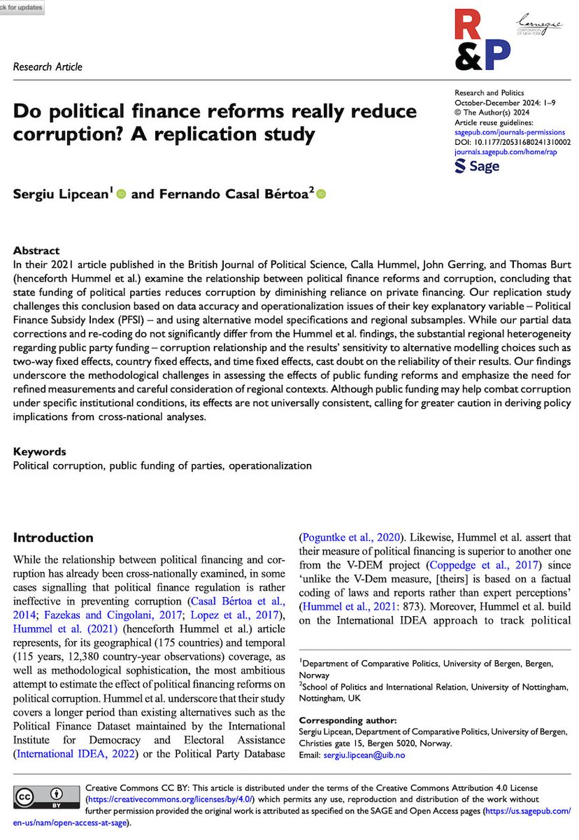 New open access article in <a href="/Res_Pol/">Research & Politics</a> with my dear friend &amp; super (party finance) expert <a href="/sergiulipcean/">Sergiu Lipcean</a> (<a href="/UiB/">Universitetet i Bergen</a>, <a href="/BergenUib/">University of Bergen UiB</a>): journals.sagepub.com/doi/10.1177/20…. Replication study of Hummel et al. influential piece published in <a href="/BJPolS/">British Jnl Poli Sci</a> in 2021.