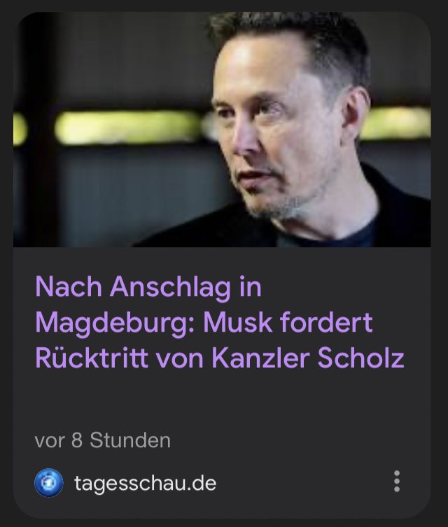 Wir sind heute soweit, dass daraus eine Meldung im ÖR wird. Dass Musk den Rücktritt des Kanzlers fordert. Vor 10, ach 5 Jahren hätte sich solche Quatsch-Meldungen in der Tagesschau niemand vorstellen können. Die Medienwelt nährt sich am System Musk. Und schwächt sich an ihm.