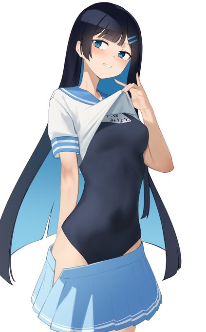 「見て,今日プールあるから制服の下に水着着てきたんだ～!」 