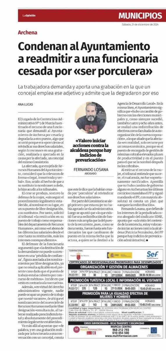 👉 MUY GRAVE... ASÍ FUNCIONA EL AYUNTAMIENTO DE ARCHENA CON SU ALCALDESA AL FRENTE.
❗SENTENCIA CONDENATORIA❗
"El Juzgado de lo Contencioso Administrativo Nº 5 de Murcia ha estimado el recurso de una funcionaria que demandó al Ayuntamiento de Archena por cesarla y degradarla...