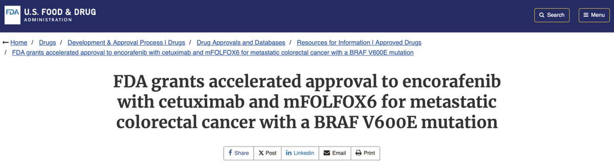 FDA grants accelerated approval to encorafenib with cetuximab and mFOLFOX6 for mCRC with mBRAF V600E 
👉BREAKWATER phs-3
👉 ORR  61% vs 40%
👉mDoR  13.9  vs 11.1 mo
👉Evaluation of PFS &amp; OS ongoing
<a href="/myESMO/">ESMO - Eur. Oncology</a>