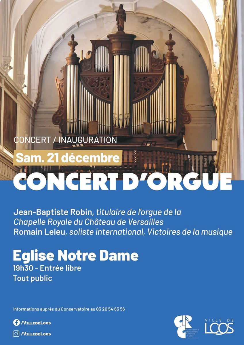 Un chef-d'œuvre du patrimoine loossois vous attend ! 🎶 Venez découvrir l'orgue de 1883 rénové, lors d'un concert exceptionnel avec Jean-Baptiste Robin et Romain Leleu. 📍 Église Notre-Dame de Grâce, samedi 21 décembre à 19h30. Entrée libre !