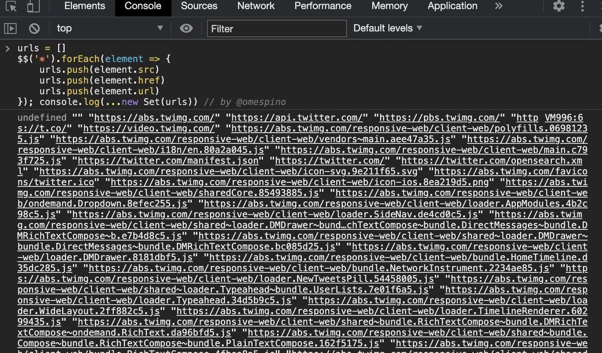 javascript How to extract urls,srcs and hrefs from all HTML elements in any website? Open DevTools and run 

urls = []
$$('*').forEach(element => {
  urls.push(element.src)
  urls.push(element.href)
  urls.push(element.url)
}); console.log(...new Set(urls)) 

 #infosec #cybersec