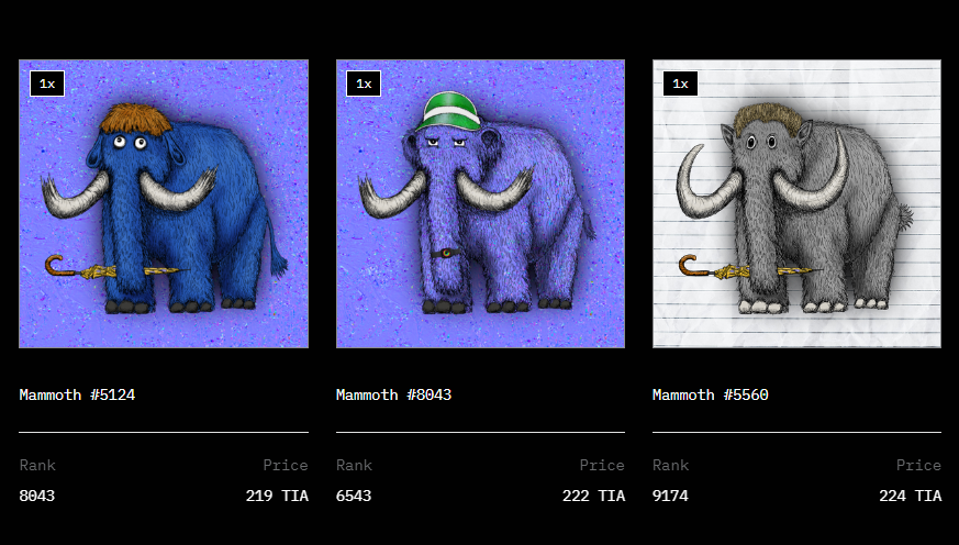 BTC_Bomber's tweet image. 「マンモスがアツい‼️」とSNS上で盛り上がっているのでチェックしてみた。

しかし、時すでに遅し

最安値で18万円（219 #TIA）

手が出ねぇ...
URL：modularium.art/collection/mam…