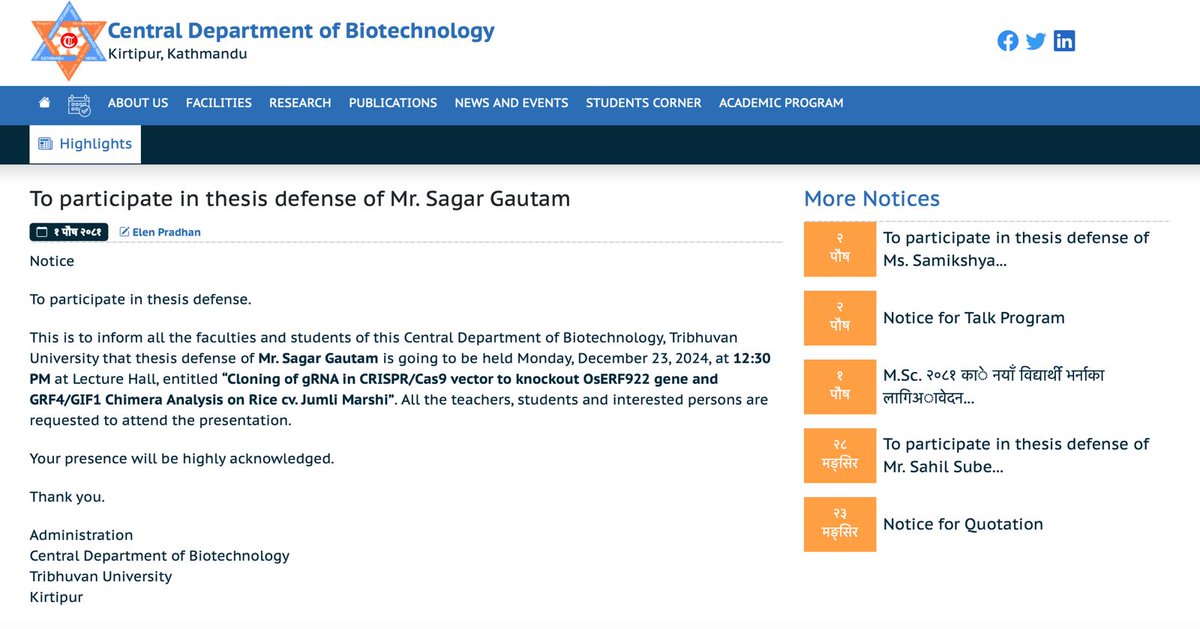 Sagar Gautam (Supervisor: Dr. Sarbesh Das Dangol, co-supervisor: Dr. Jarina Joshi) is defending on Monday, December 23, 2024.