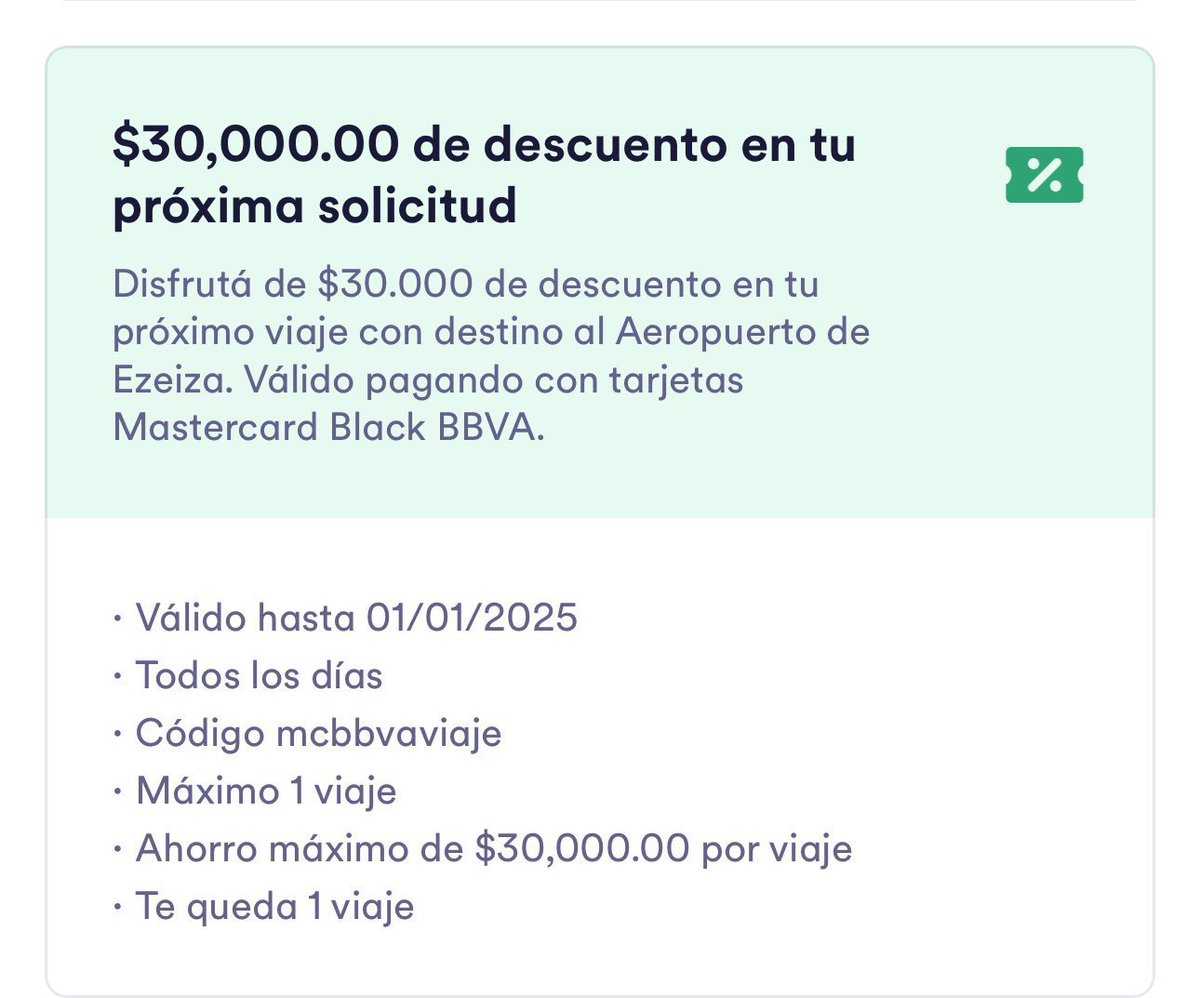 vmenditto's tweet photo. Viaje a EZEIZA con $30000 de descuento 
Con Mástercard BBVA BLACK 💳 🔥 🚕 

Ingresa en Cabify el código MCBBVAVIAJE
y obtene hasta $30000 de regalo válido para un viaje de Buenos Aires a Ezeiza

Vigencia hasta el 1/1/2025

( solo viaje ida y de hasta $30000 x cuenta)
En el ejemplo debajo fíjate que el viaje salía $49000 👎 y la app nos descontó el crédito a favor