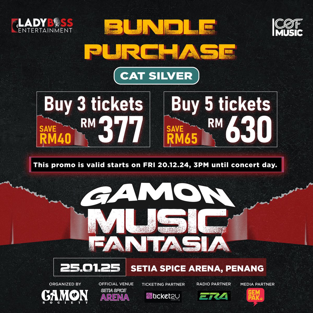 GamonSociety's tweet photo. 🚨 PROMO GILA GAMON MUSIC FANTASIA! 🚨

Korang dah grab belom? Jangan terlepas dapatkan diskaun hebat dengan membeli 3 atau 5 ticket! Promo hanya untuk General Admission &amp; Cat Silver je tau! 🫣

Cuba tag kawan korang &amp; kongsi promo ni, boleh beli ticket sama sama 😍 https://t.co/AAy2tNRPBp
