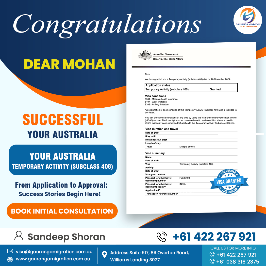 GaurangaMi27109's tweet image. "🎉 Congratulations, Dear Mohan!  

#temporaryactivityvisa #subclass408 #visaapproved #gaurangamigration #australiavisa #visasuccess #migrationexperts #workinaustralia #futureinaustralia #visaassistance
