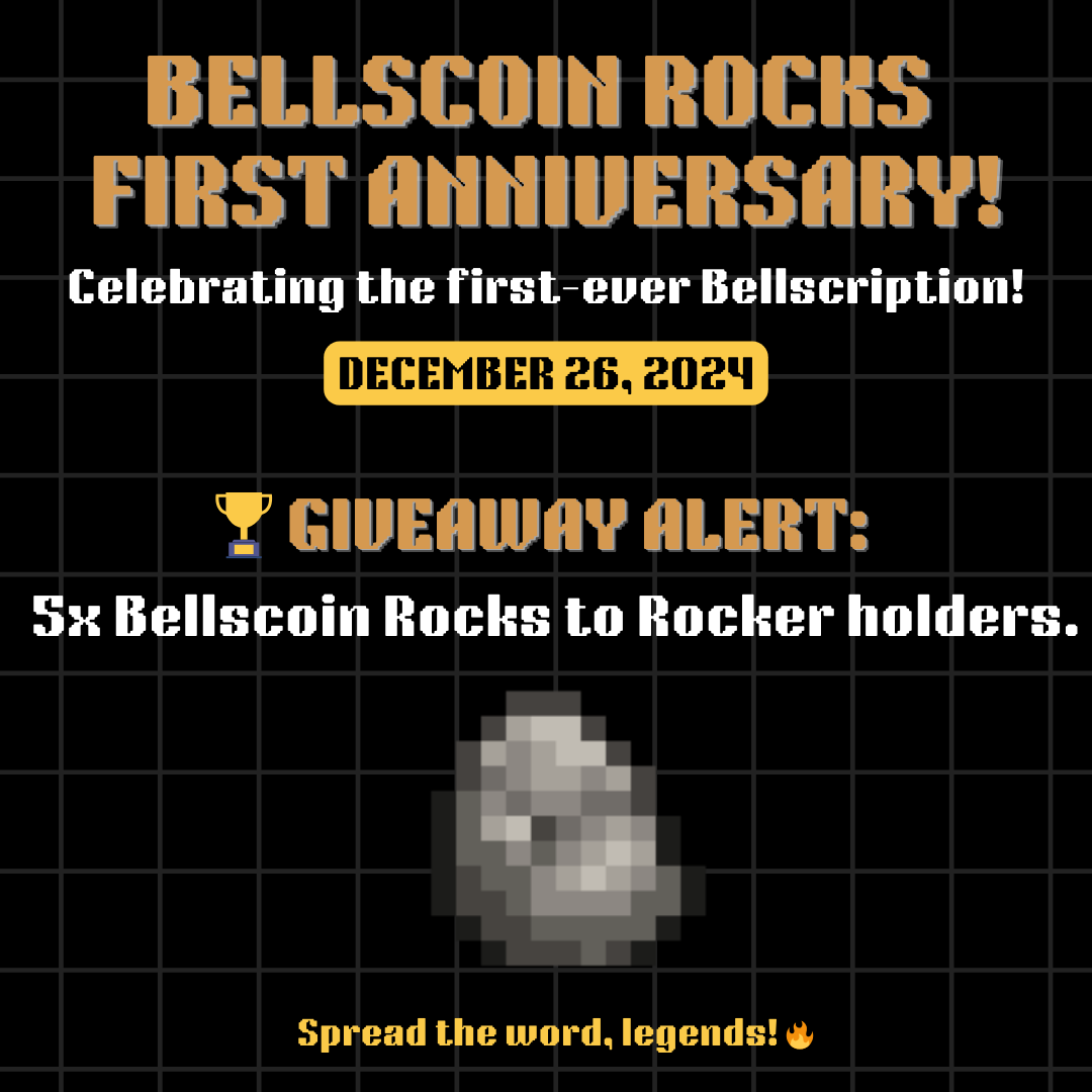 Bellscoin Rocks (@bellscoinrocks) on Twitter photo Bellscription Anniversary Incoming! π
#Bellscoin Rocks β the first-ever #Bellscription β marks its 1st anniversary on December 26! πͺ¨
π To celebrate, weβre giving away 5 Bellscoin Rocks to Rocker holders! π€
Stay tuned and spread the word, legends! π₯
$BELLS <a href="/BellsChain/">Bellscoin Blockchain π</a> Bellscription Anniversary Incoming! π
#Bellscoin Rocks β the first-ever #Bellscription β marks its 1st anniversary on December 26! πͺ¨
π To celebrate, weβre giving away 5 Bellscoin Rocks to Rocker holders! π€
Stay tuned and spread the word, legends! π₯
$BELLS <a href="/BellsChain/">Bellscoin Blockchain π</a>