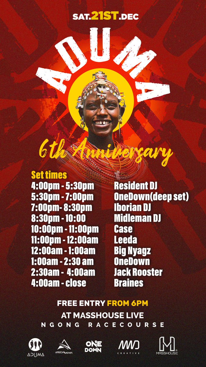 AdumaPresents's tweet photo. It’s ADUMA DAY! 
See you on the dancefloor 🪩💥🤘🏽
📍 @masshouse_ke 
Entry is free!
Oontz oontz by @JackRoosterLive @OneDownLIVE @bignyagz @nairobiphoet @BrainesDjs  and more 

#IamTribeAduma https://t.co/k85kYZVl9m