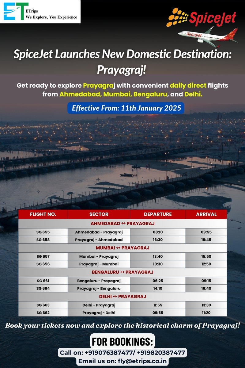 Etrips_co_in's tweet image. SpiceJet Launches New Domestic Destination: Prayagraj – Daily Flights!
@flyspicejet #SpiceJet #PrayagrajFlights #DailyFlights #TravelWithSpiceJet #NewDestinations #Etrips #Flightbooking #Hotelbooking #Tourpackage #Booknow #AffordableTravel #ExploreIndia