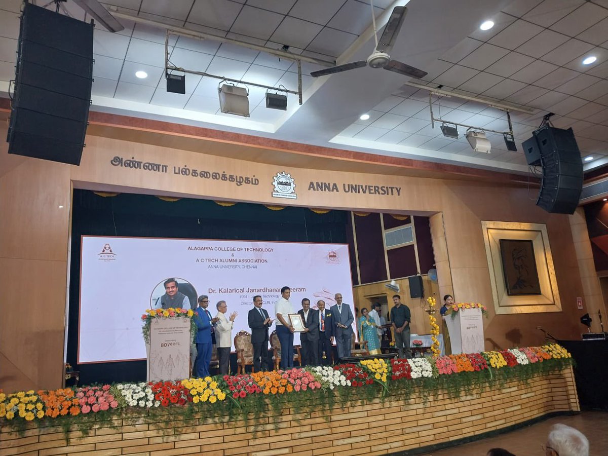 clriindia's tweet photo. Dr. K. J. Sreeram, the Director of the @clriindia was honored with the AC Tech Distinguished Alumnus Award 2024 during the 80th Anniversary Celebrations of the College, held @ Anna University today 

@kjsreeram @CSIR_IND @DrNKalaiselvi @pibchennai @cle_india @Vibha_India https://t.co/Xd6906FeZY