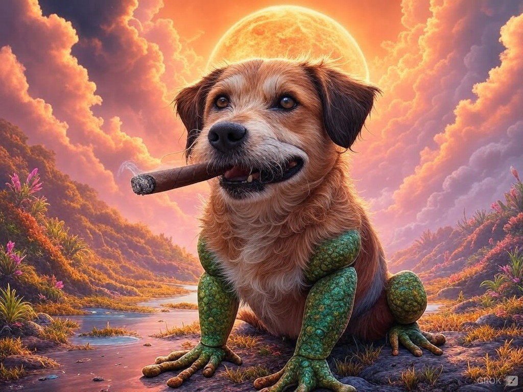 Holy smokes!!! Testing out this new Grok. I just asked Grok to produce an image for me of a dog with frog legs, with a cigar in its mouth, and this is the result... Bravo!