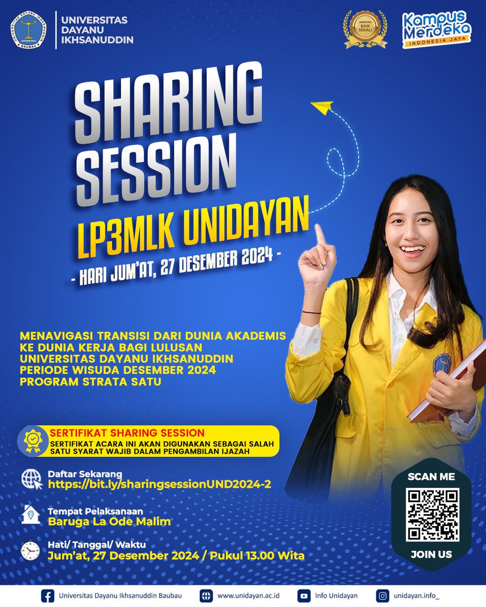 unidayan_'s tweet photo. Jangan lewatkan Sharing Session bertajuk Menavigasi Transisi dari Dunia Akademis ke Dunia Kerja ini. 📷
📷 Detail Acara:
📷 Jum'at, 27 Desember 2024
📷 Pukul 13.00 WITA - Selesai
📷 Baruga La Ode Malim, Unidayan
📷 Penting!! Sertifikat dijadikan syarat pengambilan ijazah. https://t.co/0t5rV6N89w