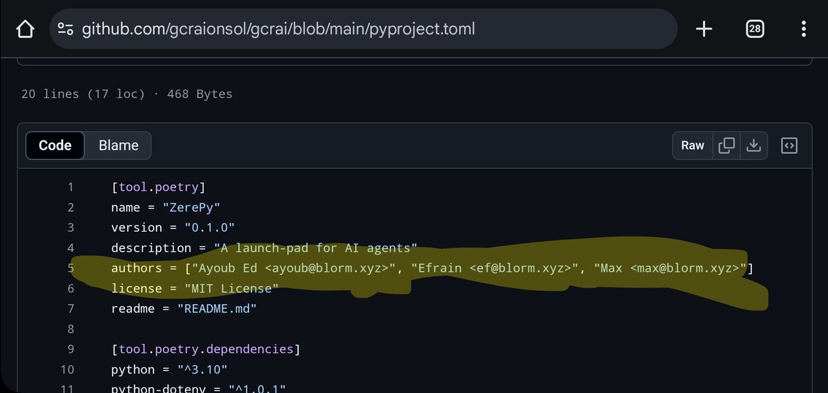 $gcrai <a href="/gcraionsol/">GCR AI</a> claiming to be first ZerePy agent, but leaving the authors contact info in the code they stole from the actual first agent, <a href="/blormmy/">blormmy 🫟</a> 😂