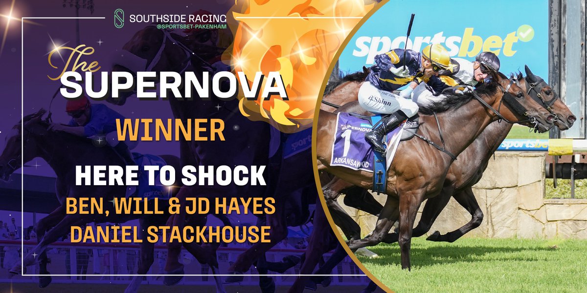 SthsideRacing's tweet photo. HERE TO SHOCK wins the $1,000,000 @sportsbetcomau Supernova! βοΈ
Congratulations to Lindsay Park Racing - Ben, Will & JD Hayes and connections. Great ride Daniel Stackhouse π
#SouthsideRacing #SthsideRacing #SouthsideIsTheBestSide #SportsbetSupernova #SportsbetPakenhamCup https://t.co/KqQc0Lz98N