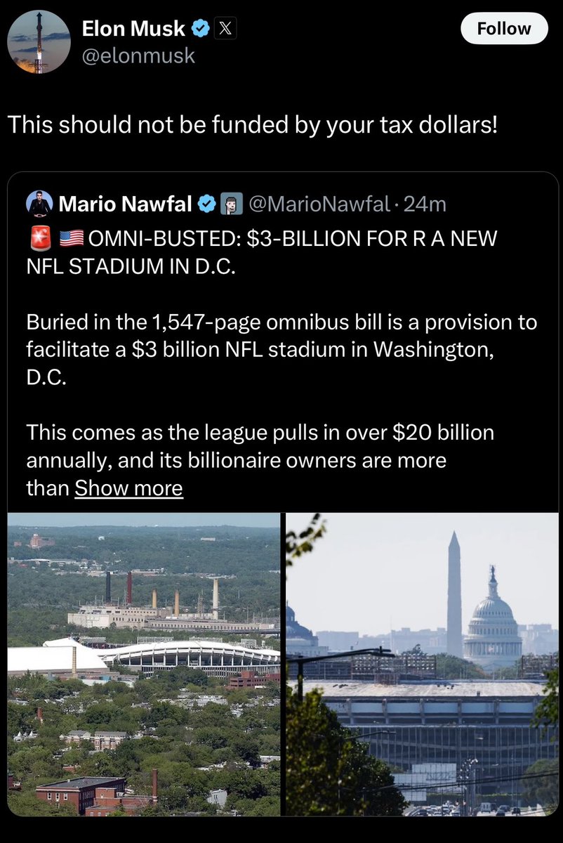 byajperez's tweet photo. Earlier this week, it looked like it would breeze through as part of the CR to fund the gov't through March. But then Elon Musk spread misinformation about the bill on Wednesday, tweeting a stadium “should not be funded by your tax dollars!”

The bill doesn't include any funding. https://t.co/wMgMWFZ0X2