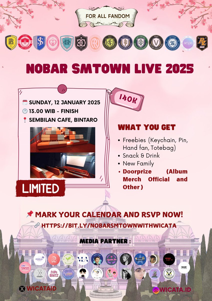 ⭐️ HALO Pinkblood Tangerang! 💖

—— 🎉 WHO’S READY TO PARTY? 🎉 ——
Yuk ikut kita merayakan 30th anniversary SM Entertainment dengan “Nobar SMTOWN LIVE bersama WICATA” ✨

📆 Minggu, 12 Januari 2025
⏰ 13.00 WIB - penonton lelah 
📍 Sembilan Cafe Bintaro, Tangerang Selatan