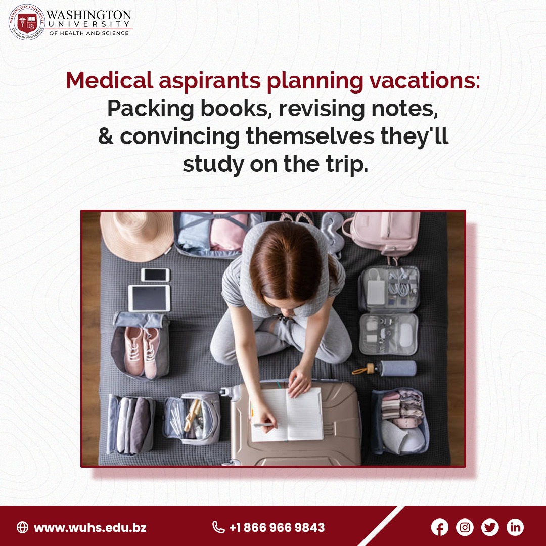 WUHS1's tweet image. Vacation vibes, but make it a med student thing! ✈️📖 Packing essentials? Sunscreen, comfy shoes, and of course—those books and notes you swear you’ll study on the trip (we see you 😉). #FutureDoctors #StudyOnTheGo #WUHSJourney #VacationMode
